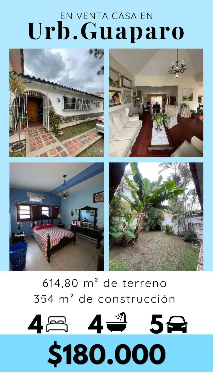 Casa en Venta en Urbanización Guaparo Valencia — 4 hab 614m² — USD 180,000