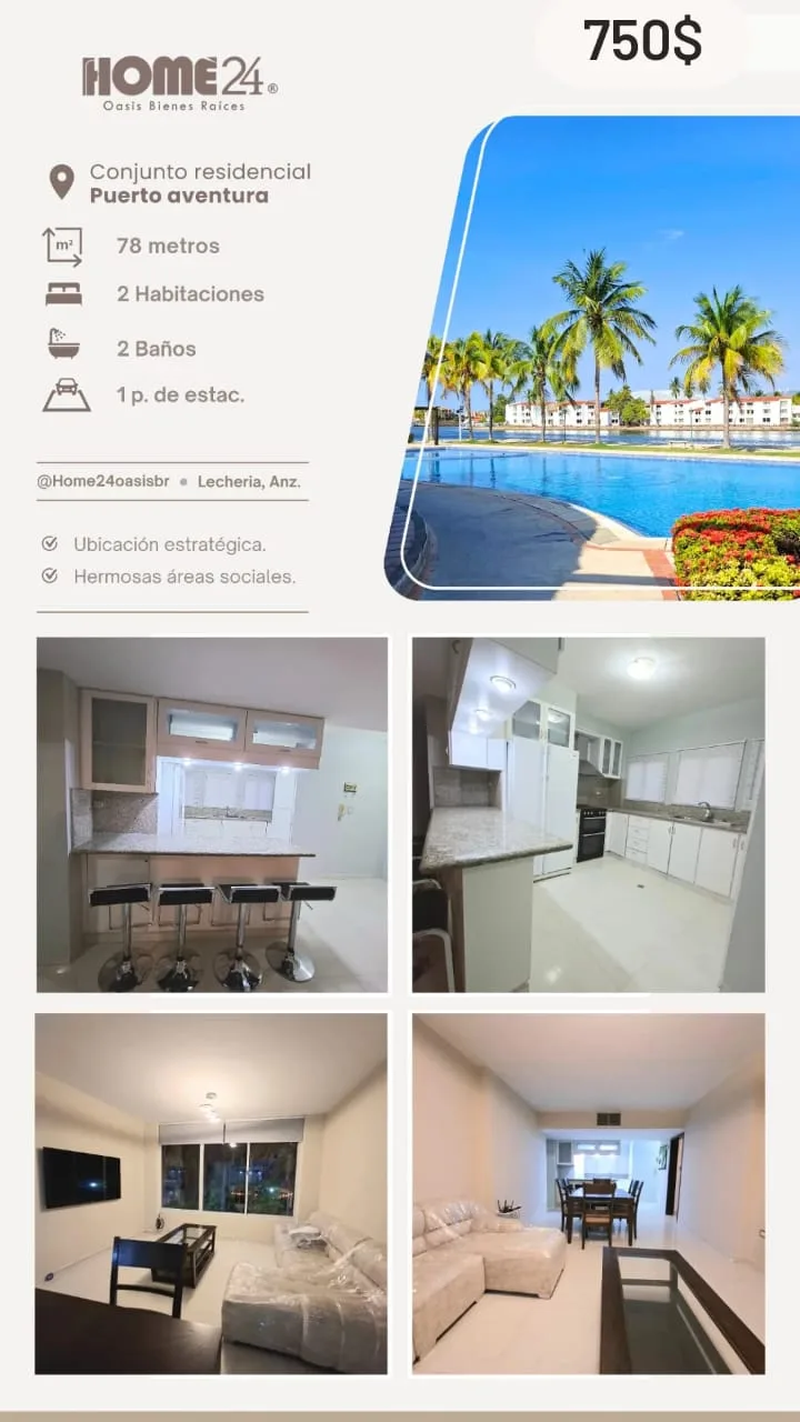 Apartamento en Alquiler en Res. Puerto Aventura, Lechería — 2 hab 78m² — USD 750
