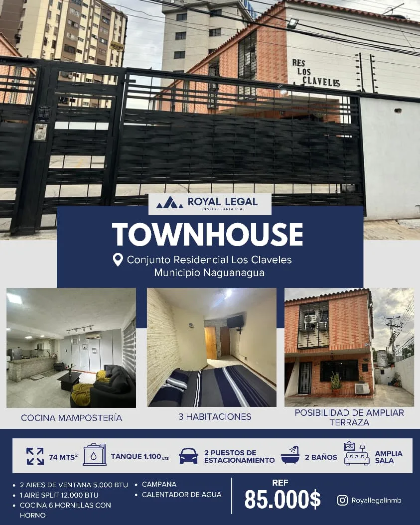 Townhouse en Venta en Conjunto Residencial Los Claveles, Naguanagua — 3 hab 74m² — USD 85,000