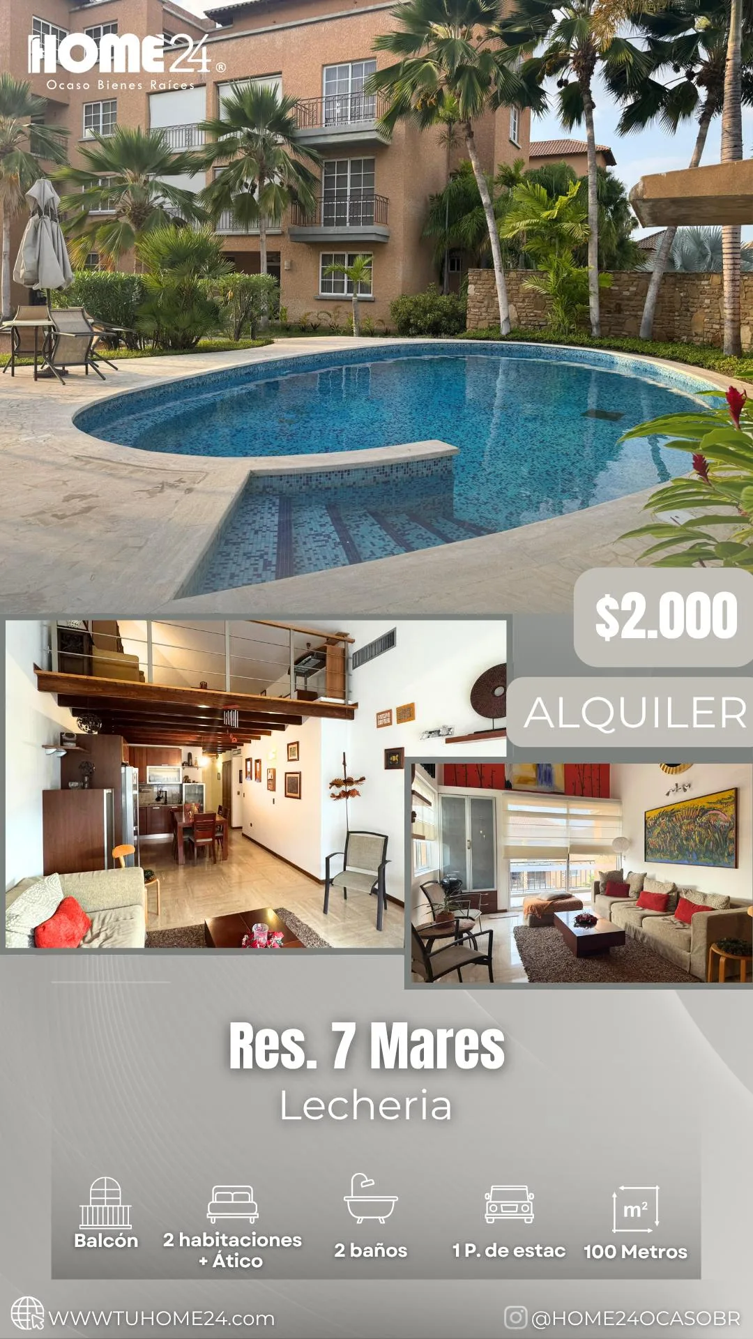 Apartamento en Alquiler en Conjunto Residencial 7 Mares, Lecheria — 3 hab 100m² — USD 2,000