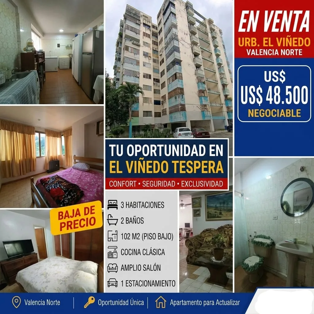 Apartamento en Venta en Urb. El Viñedo Valencia Norte — 3 hab 102m² — USD 48,500