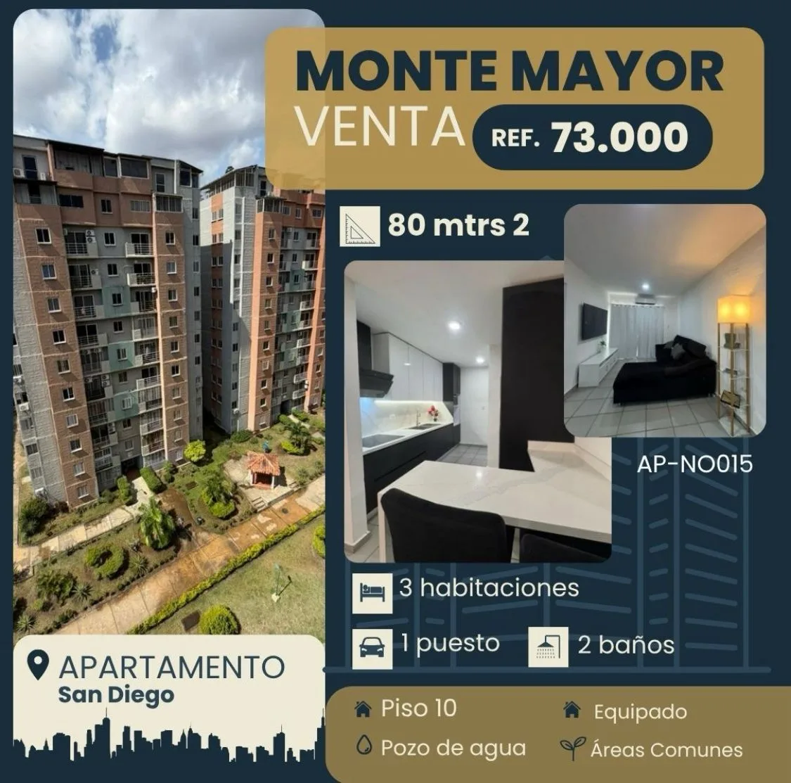 Apartamento en Venta en San Diego, Monte Mayor — 3 hab 80m² — USD 73,000