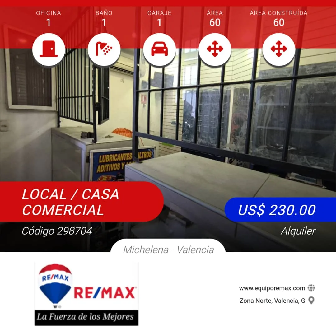 Local en Alquiler en Michelena - Valencia — 1 hab 60m² — USD 230