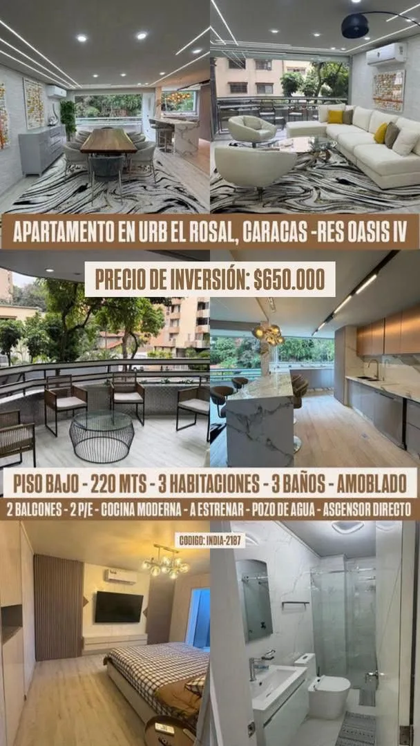 Apartamento en Venta en Urbanización El Rosal — 3 hab 220m² — USD 650,000