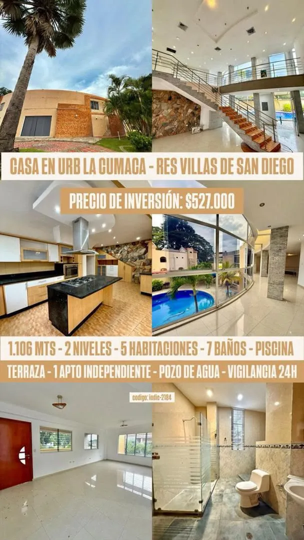 Casa en Venta en Urbanización La Cumaca “Residencias Villas De San Diego” — 7 hab 416m² — USD 527,000
