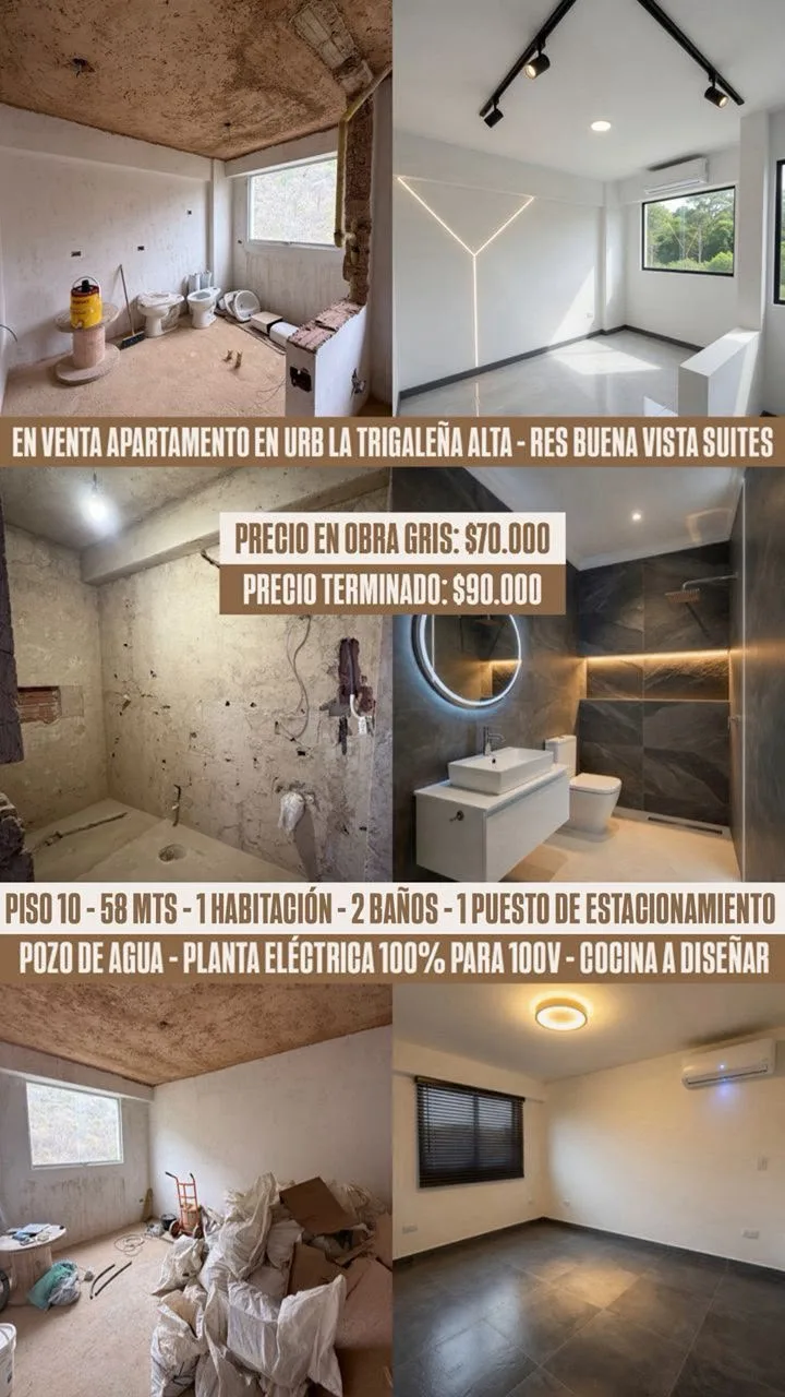 Apartamento en Venta en Urbanización La Trigaleña Alta “Residencias Buena Vista Suites” Valencia, Carabobo — 1 hab 58m² — USD 90,000