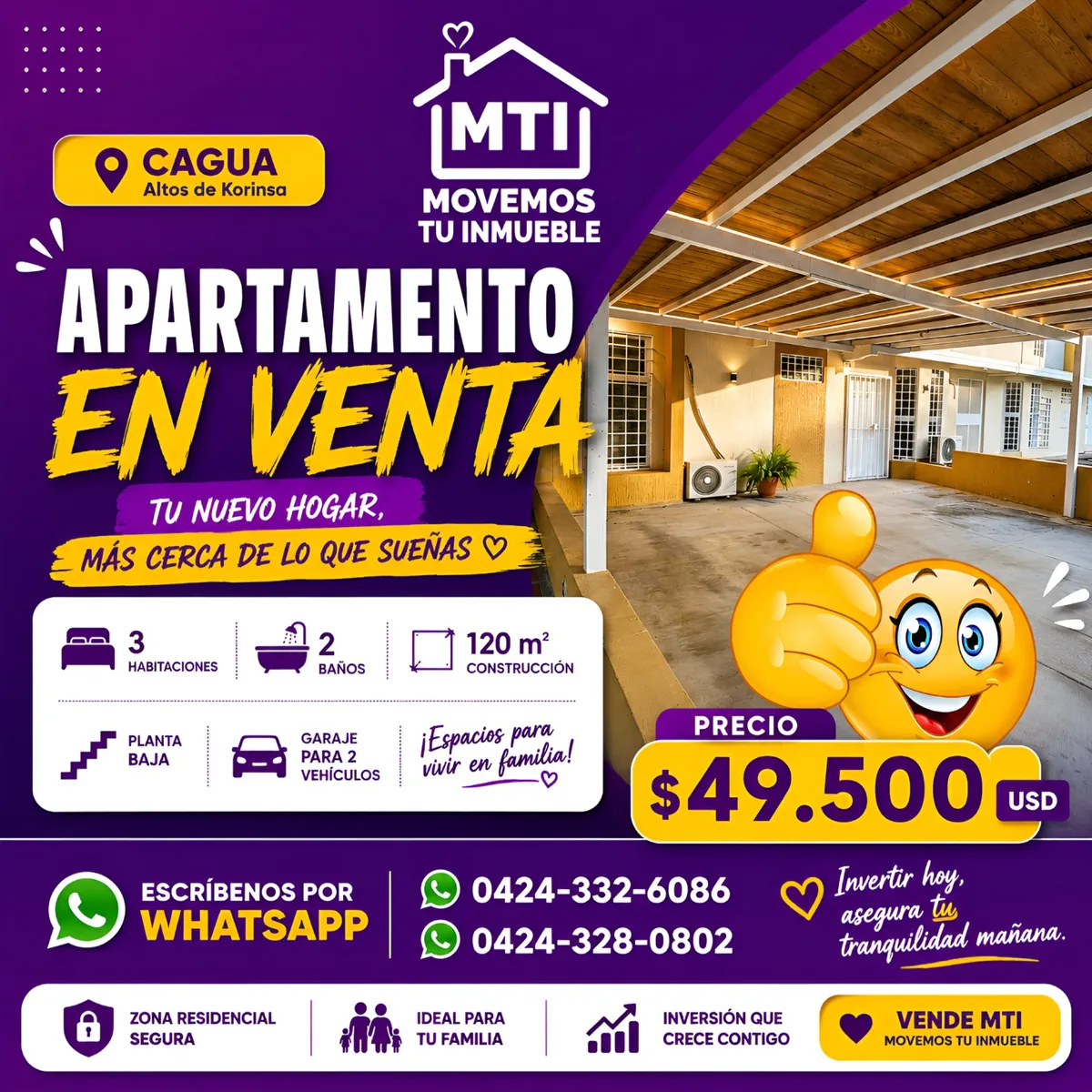 Apartamento en Venta en Altos de Korinsa, Cagua — 3 hab 120m² — USD 49,500