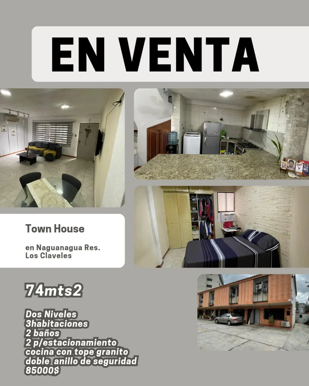 Townhouse en Venta en Naguanagua, Res. Los Claveles — 3 hab 74m² — USD 85,000