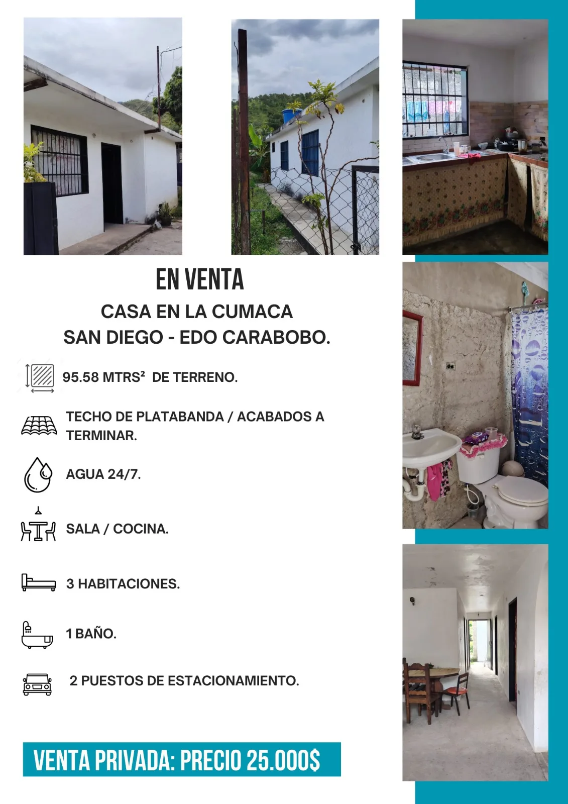 Casa en Venta en La Cumaca, San Diego — 3 hab 95m² — USD 25,000