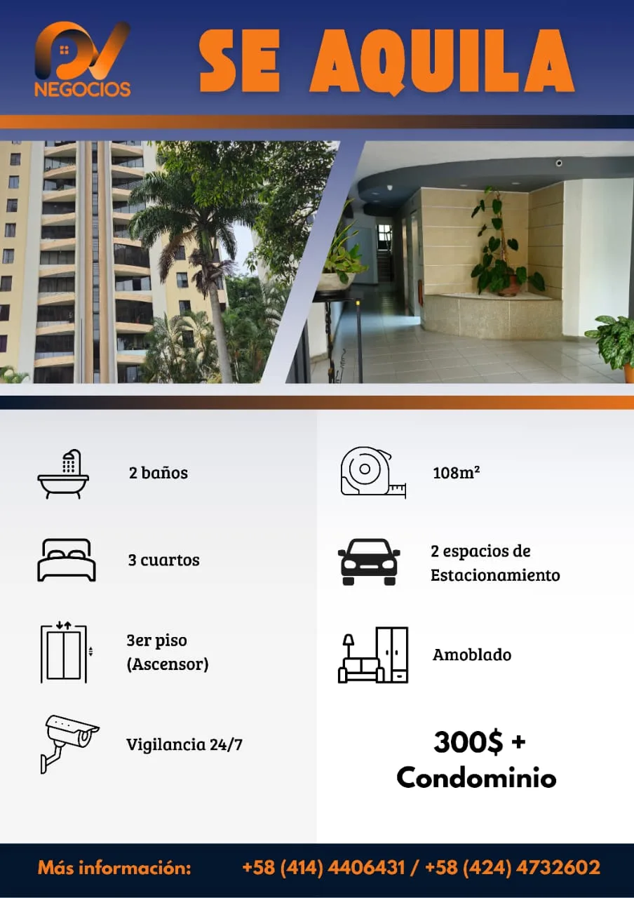 Apartamento en Alquiler en Urbanizacion El Bosque, Residencias Bosque Arriba, Valencia — 3 hab 108m² — USD 300