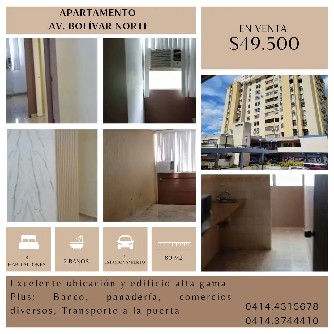 Apartamento en Venta en Av Bolívar Norte Valencia — 3 hab 80m² — USD 49,500