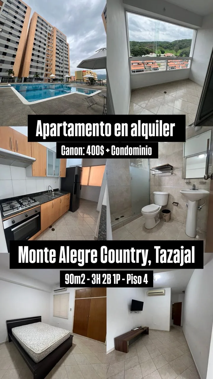 Apartamento en Alquiler en Urb. Tazajal, Res. Monte Alegre Country — 3 hab 90m² — USD 400
