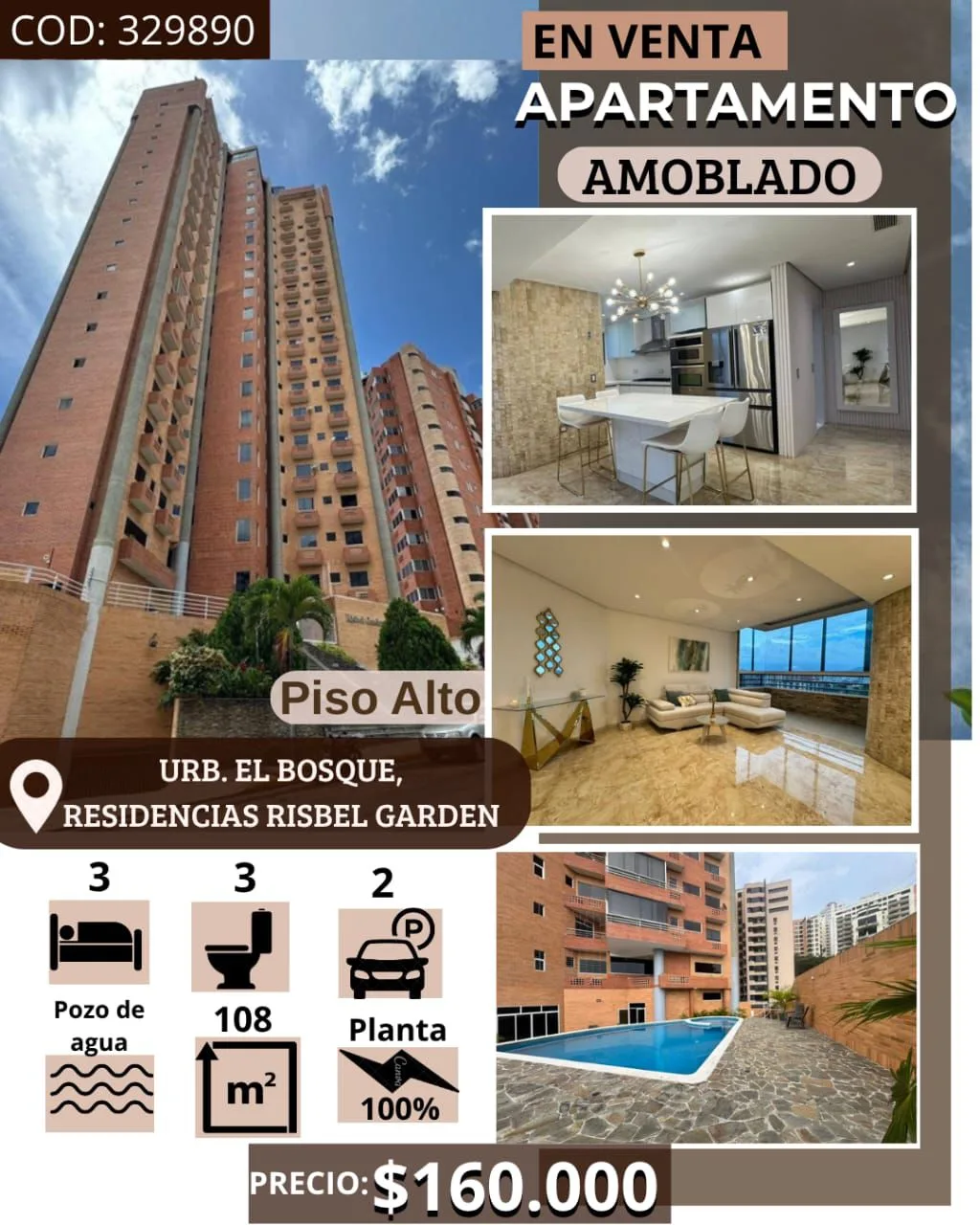 Apartamento en Venta en Urb. el Bosque, Resd. Risbel Garden — 3 hab 108m² — USD 160,000