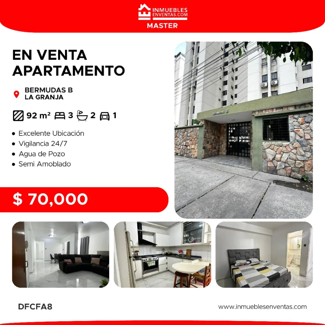 Apartamento en Venta en Conjunto Residencial Bermudas B, Urb La Granja, Naguanagua — 3 hab 92m² — USD 70,000