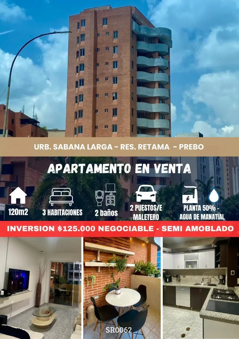 Apartamento en Venta en Urb. Sabana Larga | Res. Retama — 3 hab 120m² — USD 125,000