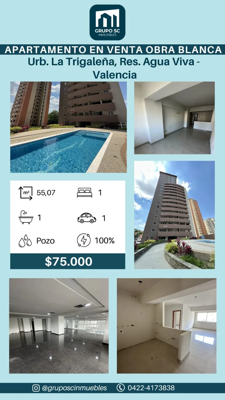 Apartamento en Venta en Res. AGUA VIVA, Urb. La Trigaleña – Valencia — 1 hab 55m² — USD 75,000