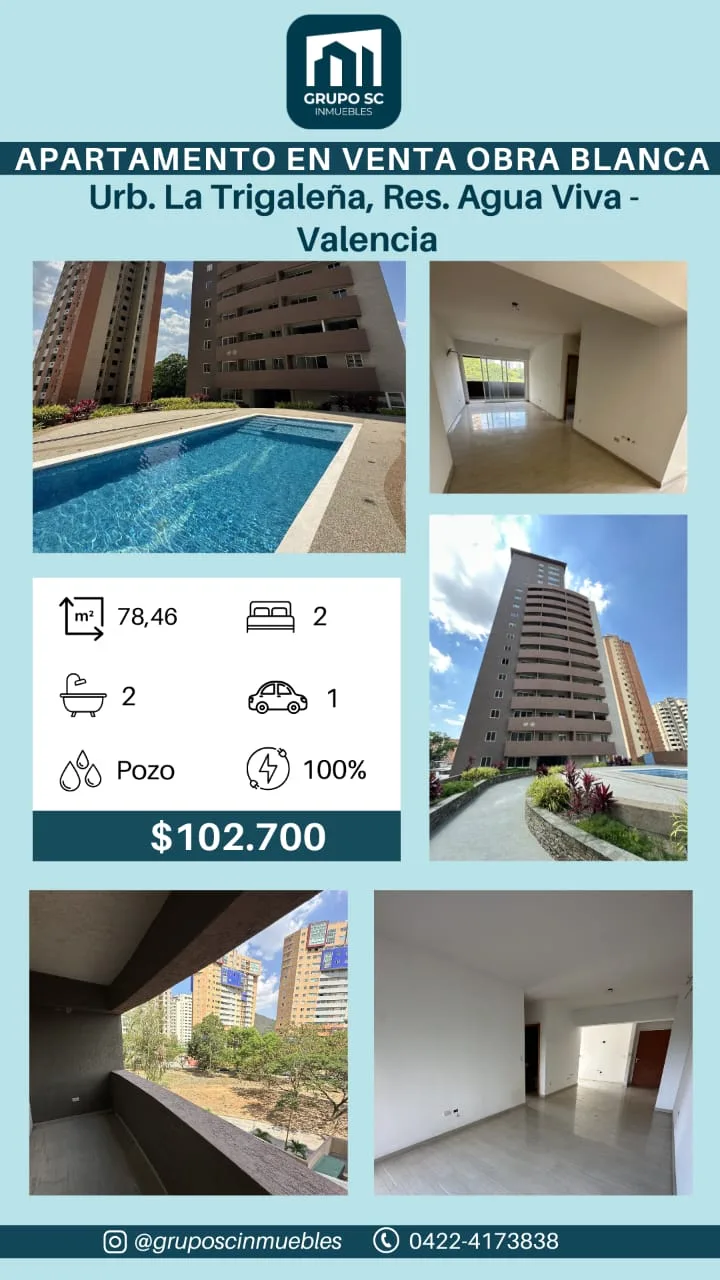 Apartamento en Venta en Res. Agua Viva La Trigaleña — 2 hab 78m² — USD 102,700