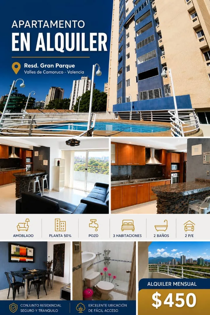 Apartamento en Alquiler en Valles de Camoruco Valencia — 3 hab 90m² — USD 450