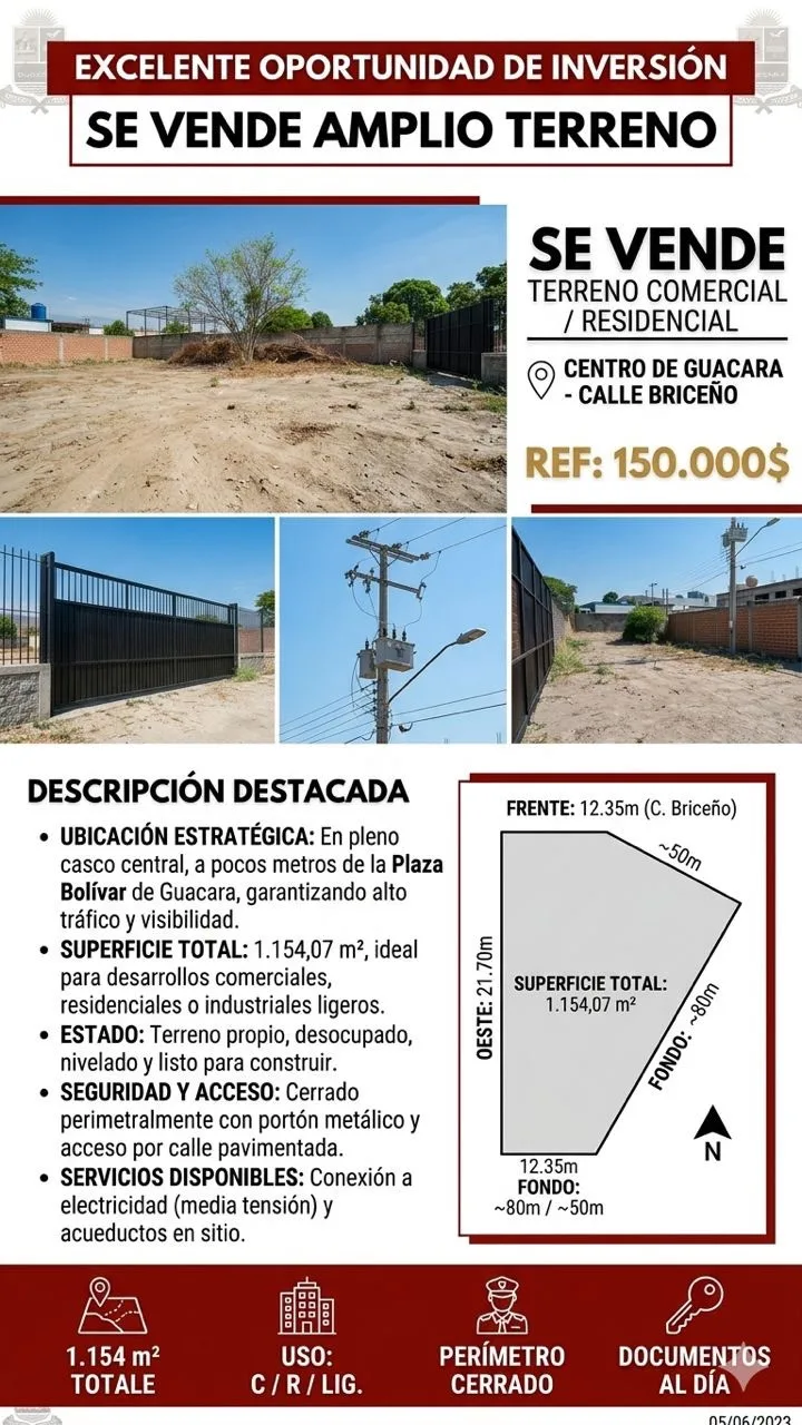 Terreno en Venta en Calle Briceño, Municipio Guacara, Zona céntrica de Guacara 1154m² — USD 150,000