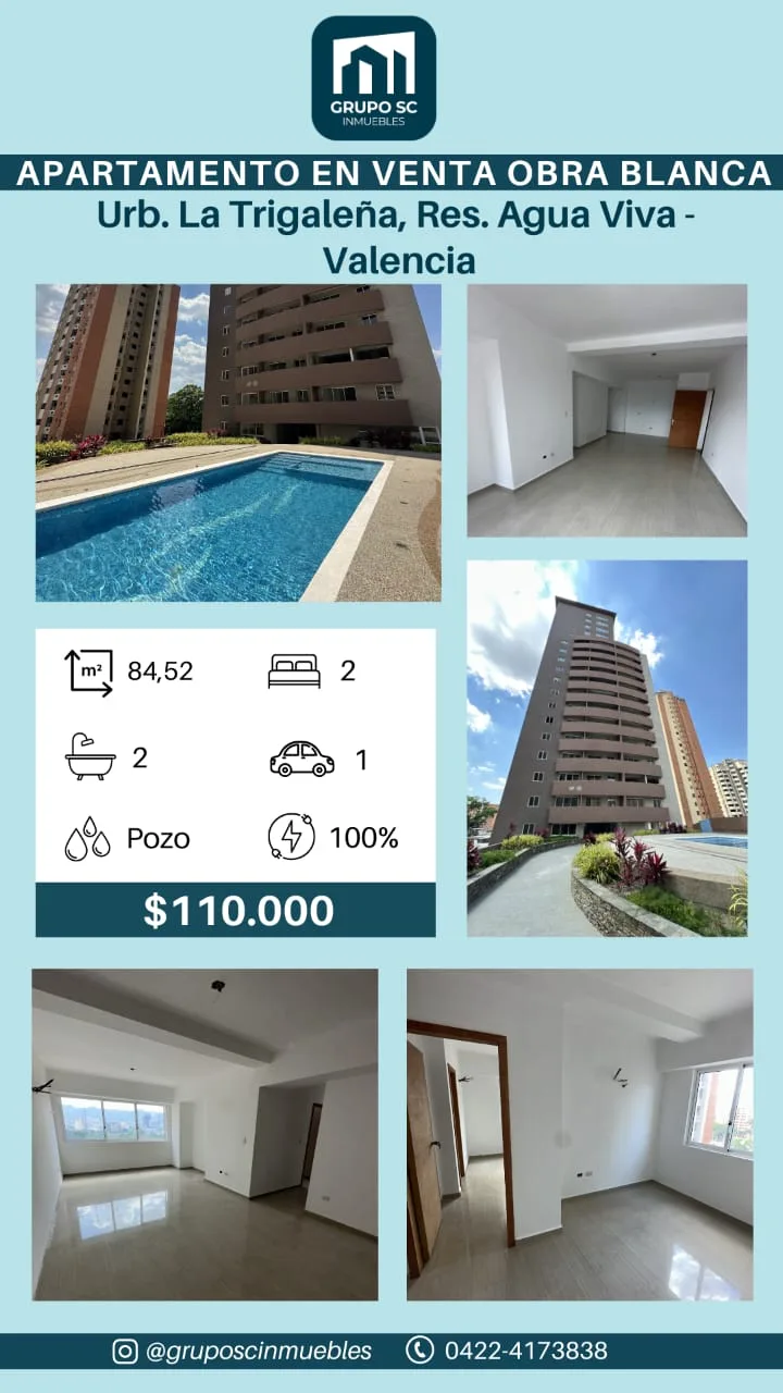 Apartamento en Venta en Urb. La Trigaleña, Res. Agua Viva – Valencia — 2 hab 85m² — USD 110,000