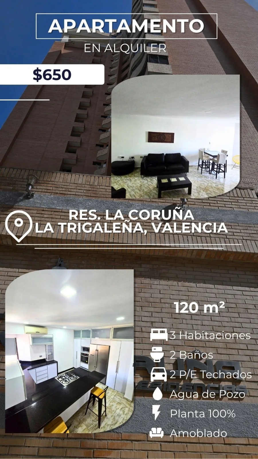 Apartamento en Alquiler en La Trigaleña — 3 hab 120m² — USD 650