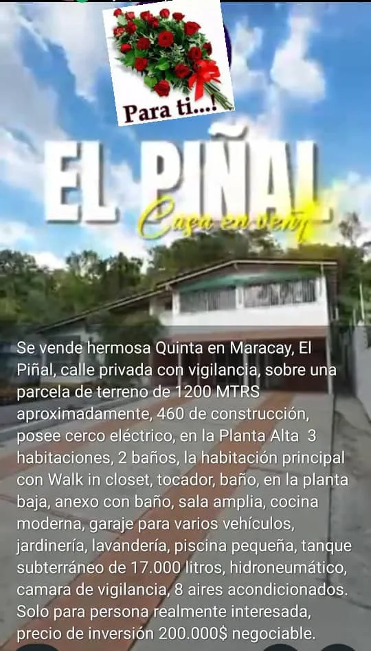 Casa en Venta en El Piñal, Maracay — 3 hab 460m² — USD 200,000