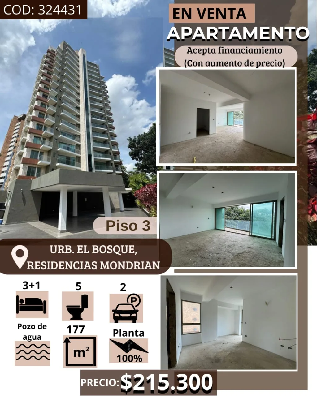 Apartamento en Venta en Residencias Mondrian, Urbanización El Bosque — 4 hab 177m² — USD 215,300