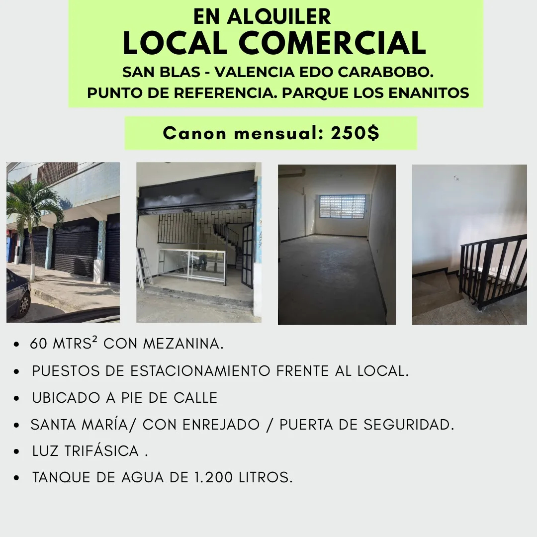 Local en Alquiler en San Blas, Valencia, Edo-Carabobo (Punto de referencia: Parque Los Enanitos) 60m² — USD 250
