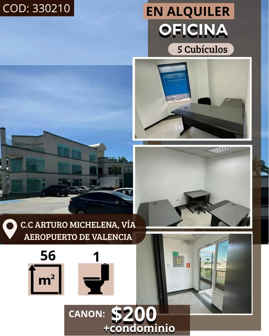 Oficina en Alquiler en C.C ARTURO MICHELENA, VÍA AEROPUERTO DE VALENCIA — 5 hab 56m² — USD 200