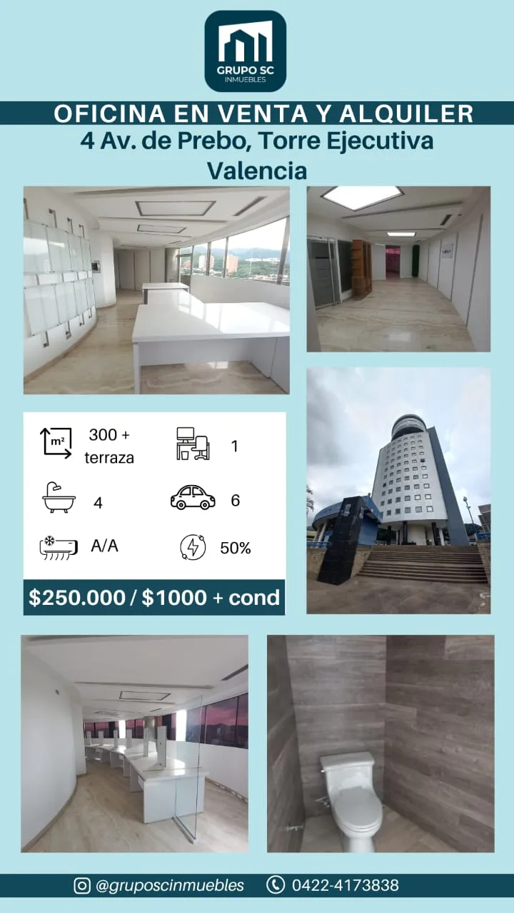 Oficina en Venta en Torre Ejecutiva, 4 av. de Prebo – Valencia 300m² — USD 250,000