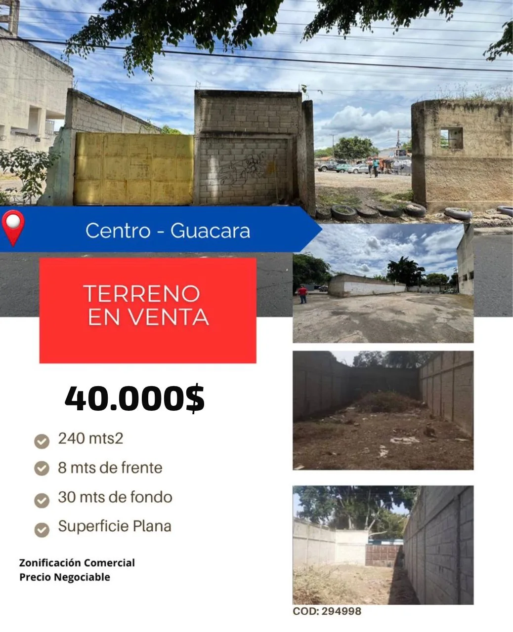 Terreno en Venta en Centro de Guacara 240m² — USD 40,000