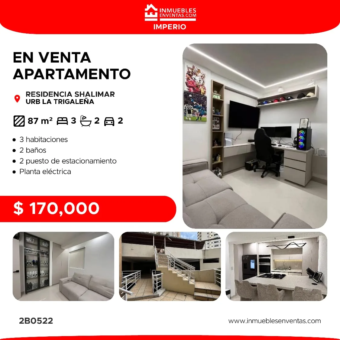 Apartamento en Venta en La Trigaleña Baja, Residencia Shalimar — 3 hab 87m² — USD 170,000