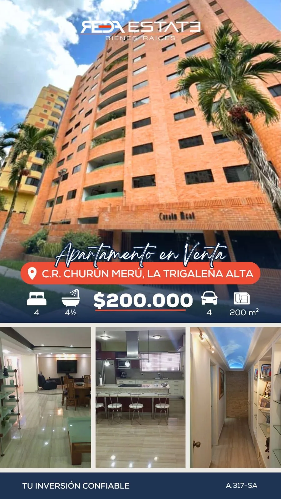 Apartamento en Venta en Conj. Res. Churún Merú, Urb. La Trigaleña Alta — 4 hab 200m² — USD 200,000