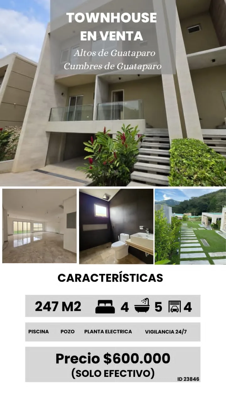 Townhouse en Venta en Altos de Guataparo, Cumbres de Guataparo — 4 hab 247m² — USD 600,000