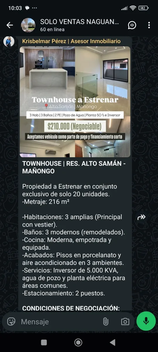 Townhouse en Venta en Alto Samán | Mañongo — 3 hab 216m² — USD 210,000