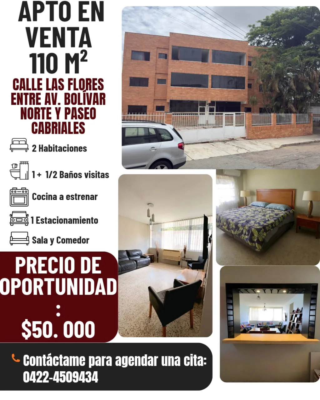 Apartamento en Venta en Calle Las Flores, entre Av. Bolívar Norte y Paseo Cabriales — 2 hab 110m² — USD 50,000