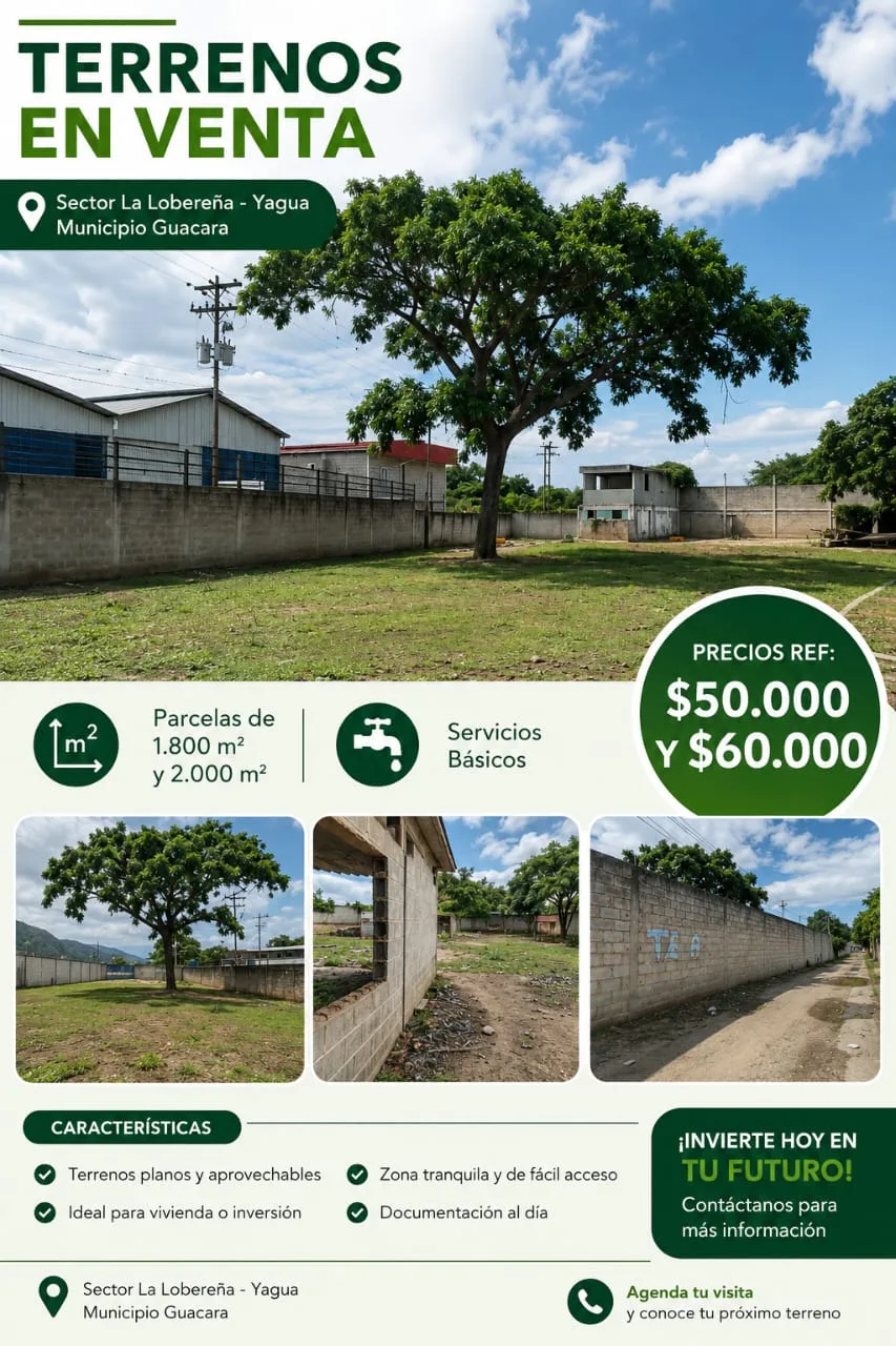 Terreno en Venta en Yagua Guacara 1800m² — USD 60,000