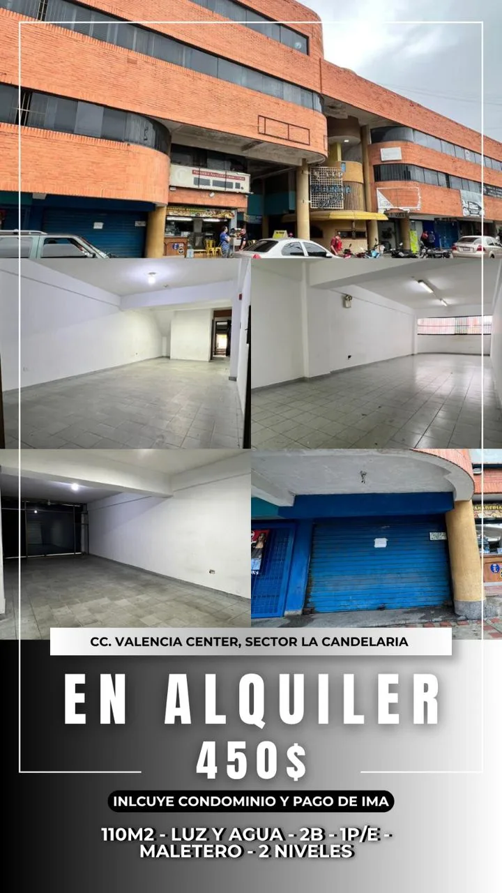 Local en Alquiler en C.C Valencia Center/ Sector la Candelaria, Calle Cantaura Soublet con Anzoátegui 110m² — USD 450