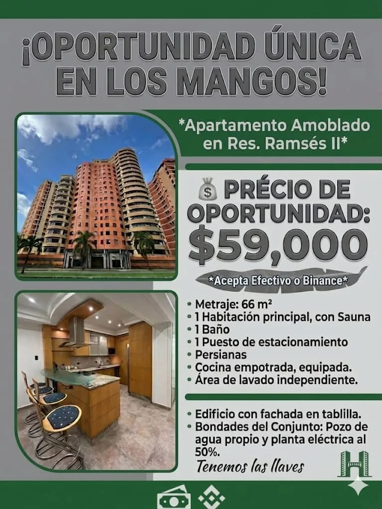 Apartamento en Venta en Urb. Los Mangos — 1 hab 66m² — USD 59,000