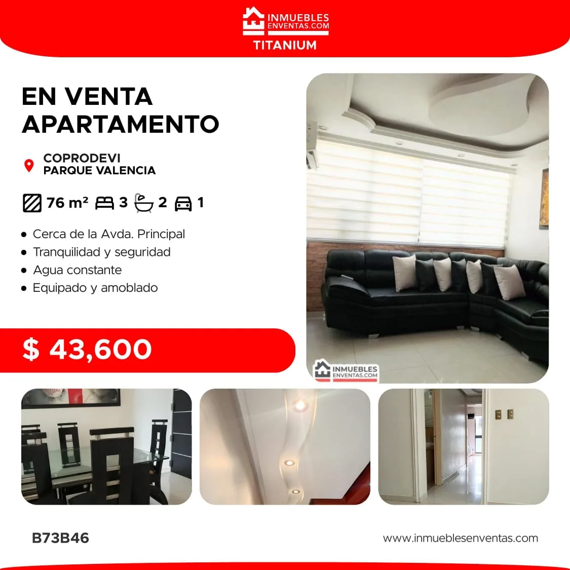 Apartamento en Venta en Parque Valencia — 3 hab 76m² — USD 43,600