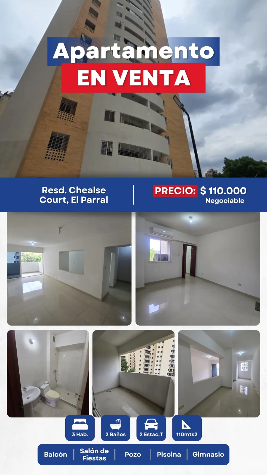 Apartamento en Venta en Residencia Chelsea Court, El Parral — 3 hab 110m² — USD 110,000