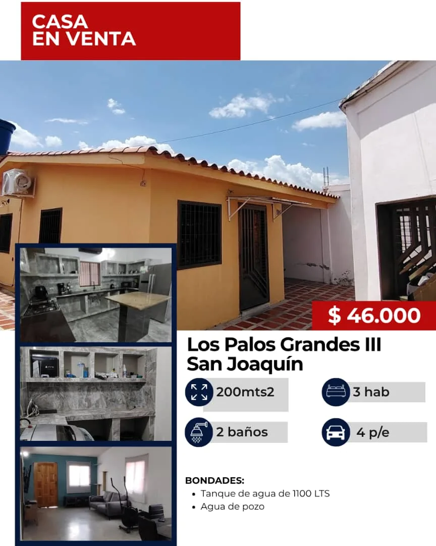 Casa en Venta en San Joaquín, Urbanización Palos Grandes II — 3 hab 200m² — USD 46,000
