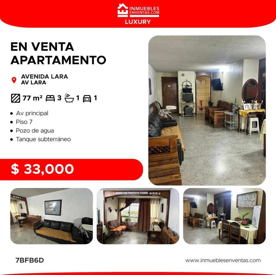 Apartamento en Venta en Residencias Lara edificio Barquisimeto cerca de la Av Lara y branger — 3 hab 77m² — USD 33,000