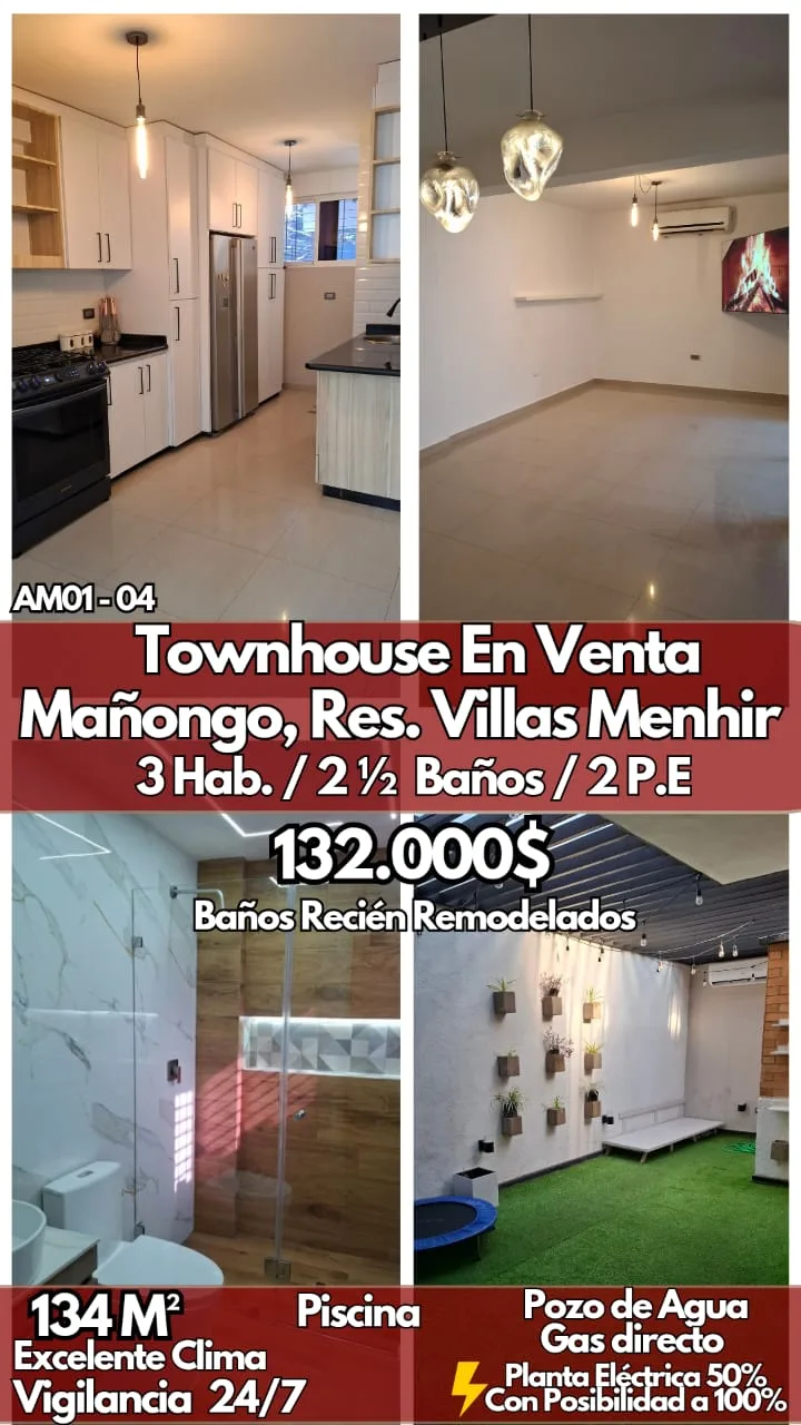 Townhouse en Venta en Mañongo, Res. Villas Menhir — 3 hab 134m² — USD 132,000