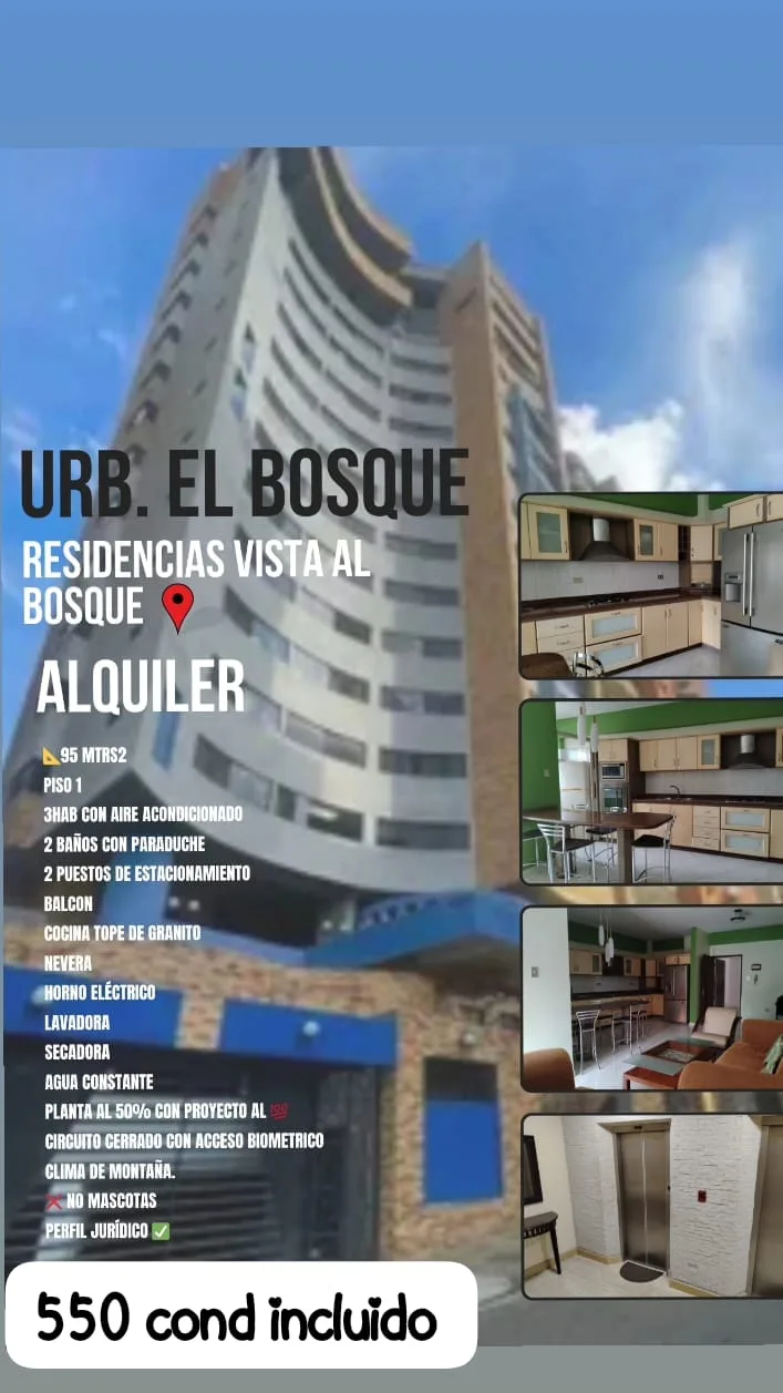 Apartamento en Alquiler en URB. EL BOSQUE, RESIDENCIAS VISTA AL BOSQUE — 3 hab 95m² — USD 550