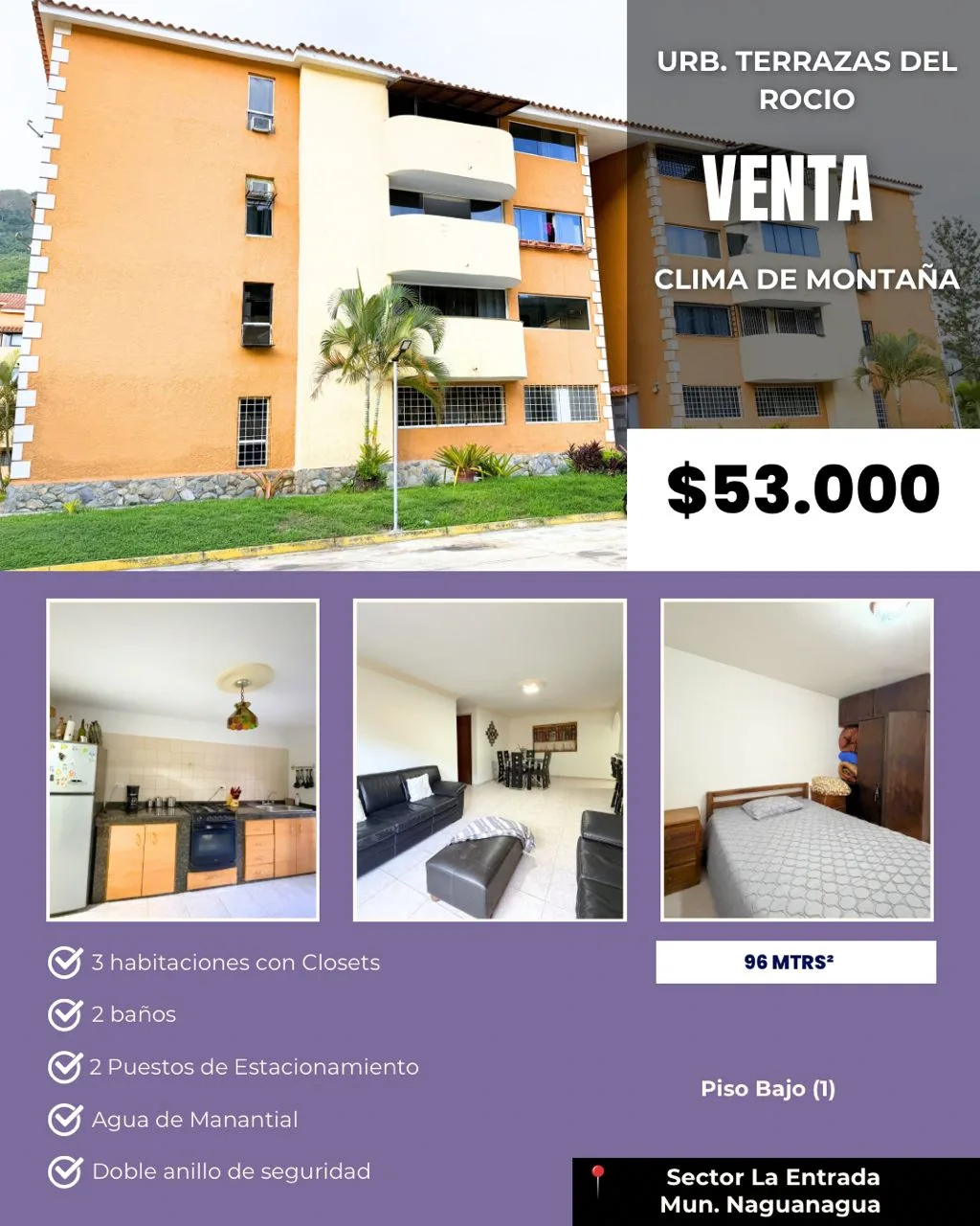 Apartamento en Venta en Urb. Terrazas del Rocio, Sector La Entrada, Naguanagua — 3 hab 96m² — USD 53,000