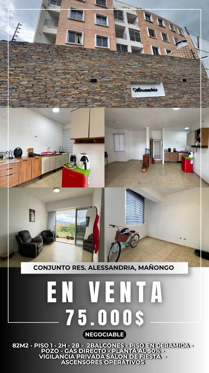 Apartamento en Venta en Res. Alessandria, Mañongo Naguanagua — 2 hab 82m² — USD 75,000