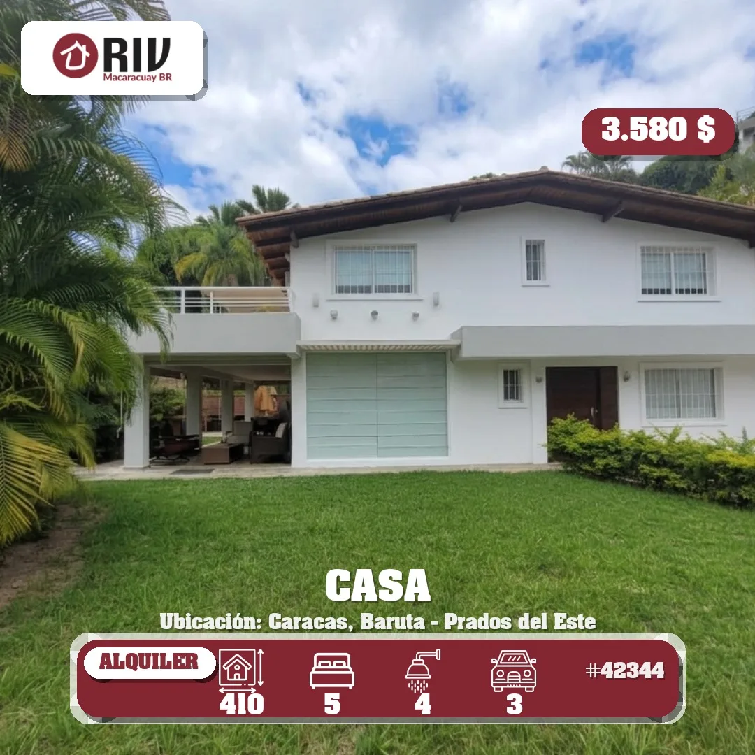 Casa en Alquiler en Prados del Este, Baruta — 5 hab 410m² — USD 3,580