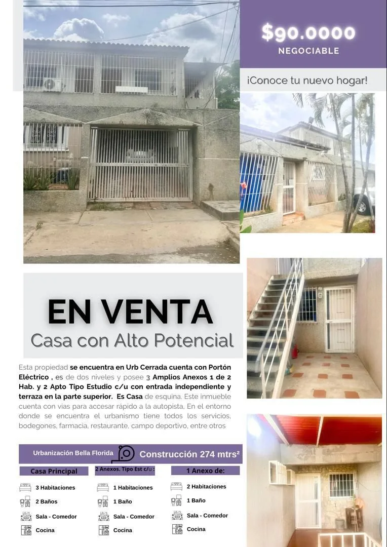 Casa en Venta en Urb Bella Florida — 13 hab 274m² — USD 90,000