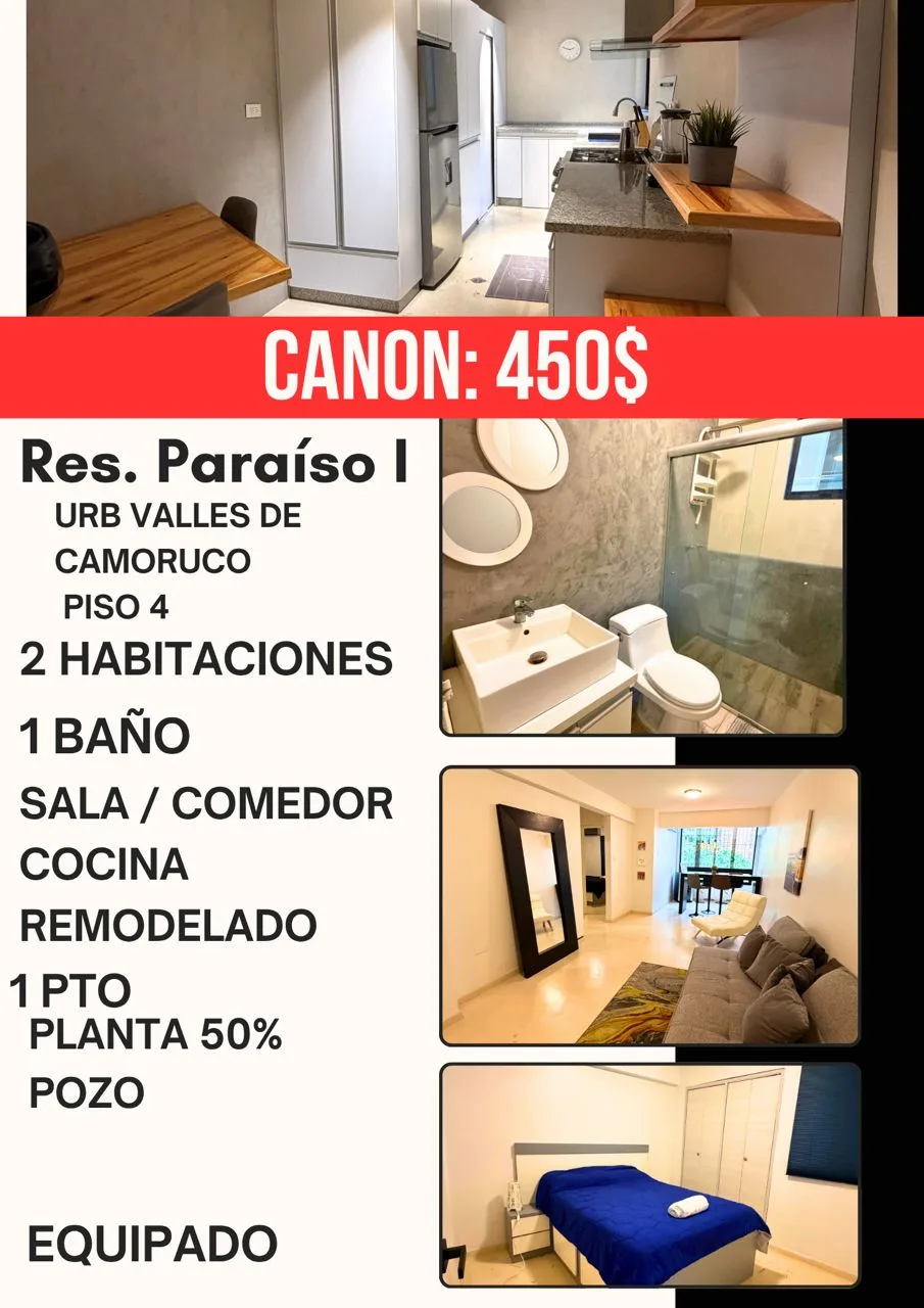 Apartamento en Alquiler en URB VALLES DE CAMORUCO, Res. Paraíso I — 2 hab — USD 450